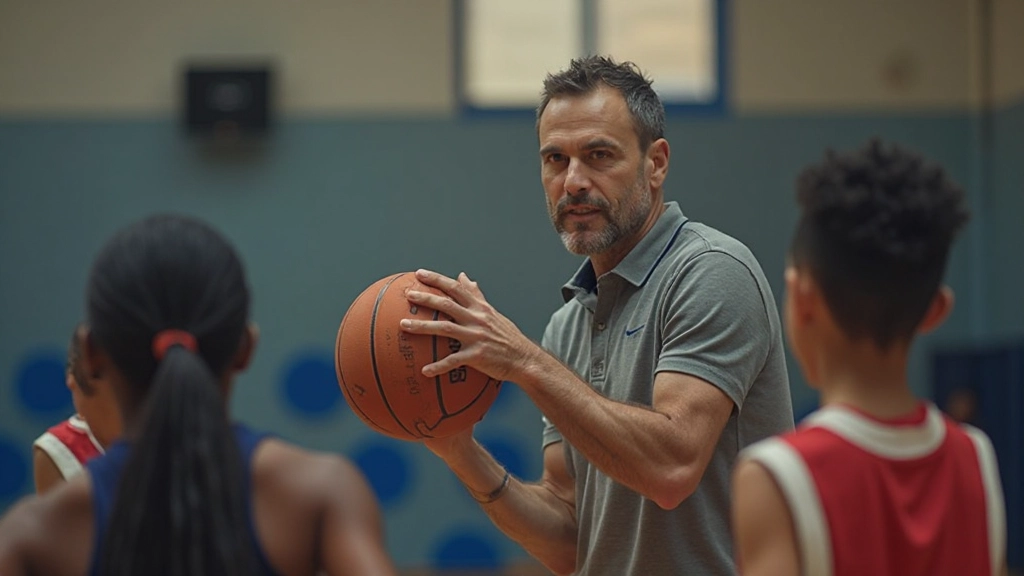 Basketball coach demonstrating shooting technique to players during training session