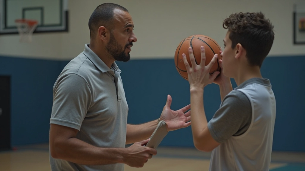 Professional basketball coach demonstrating shooting technique to player on court