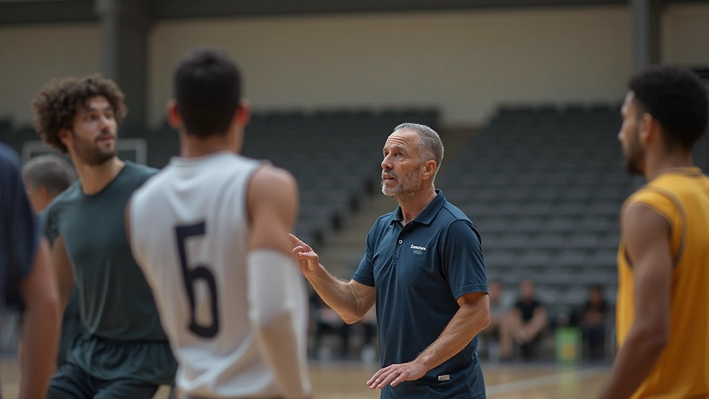 Coach instructing basketball team during practice session with players in formation