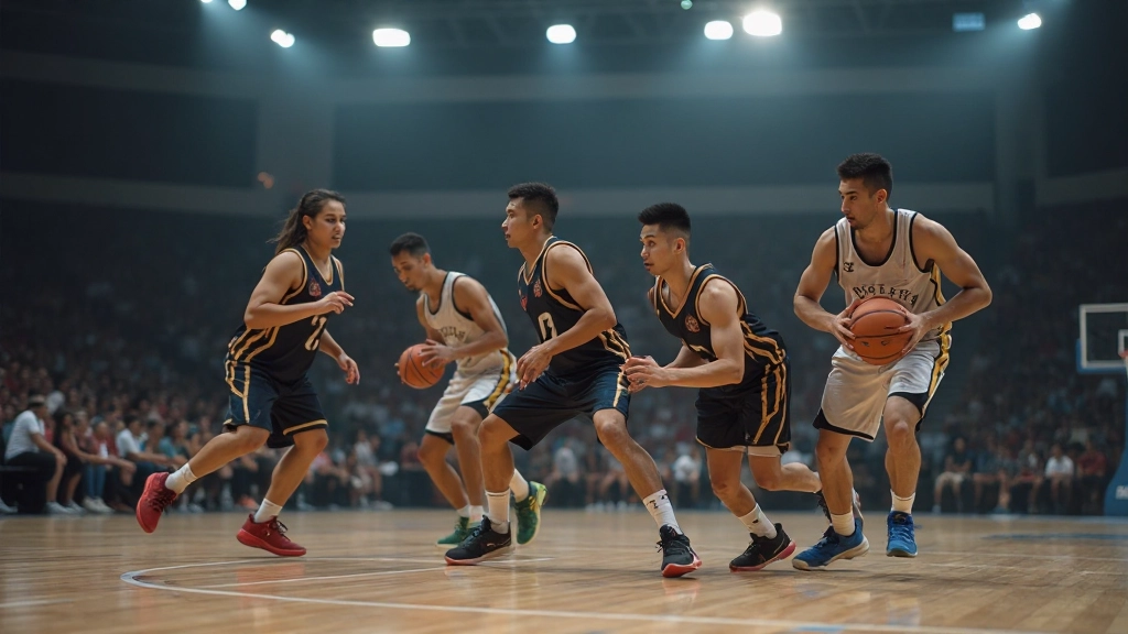 Basketball team executing offensive set with ball movement and spacing during game