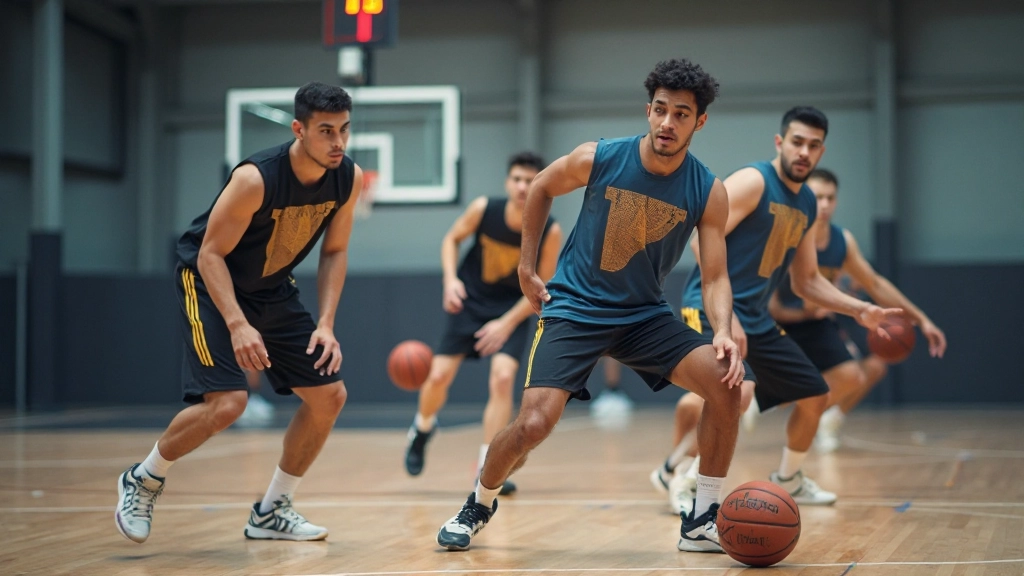 Players practicing defensive positioning and footwork during structured basketball training