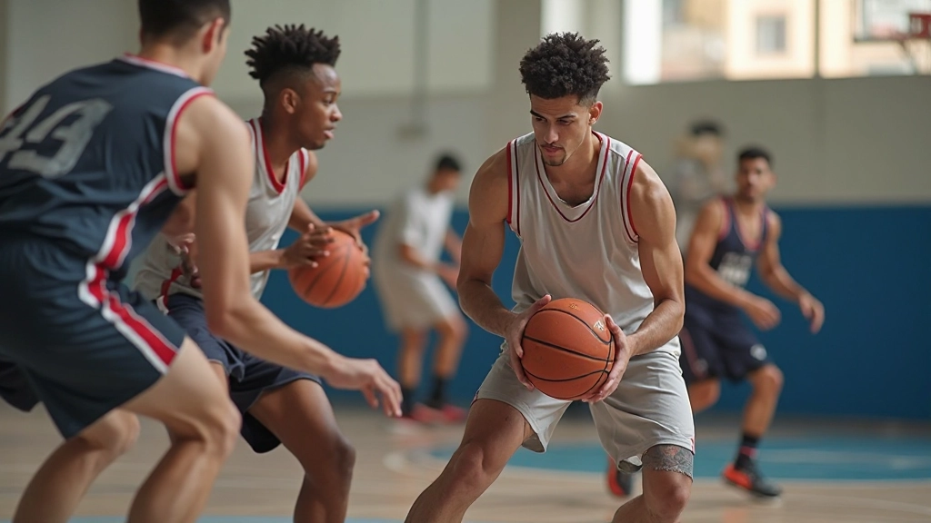 Basketball players demonstrating defensive positioning and spacing techniques during training