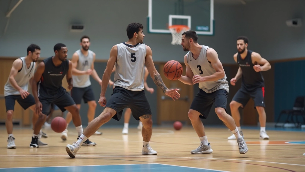 Athletic basketball players performing defensive stance drills on indoor court