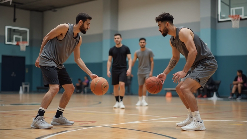 Athletic basketball players performing defensive stance drills on indoor court