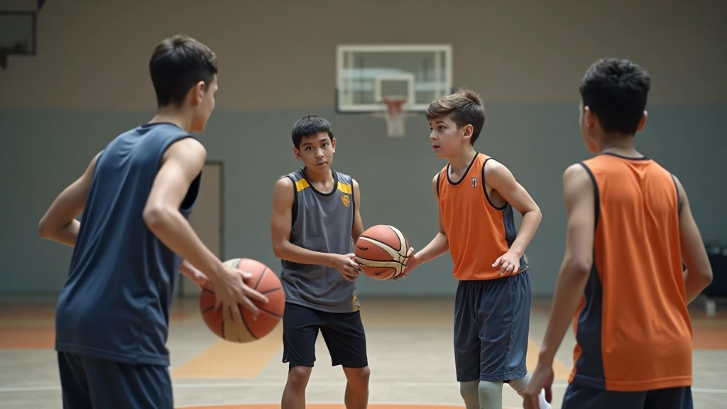 Basketball youth program participants training together on indoor court