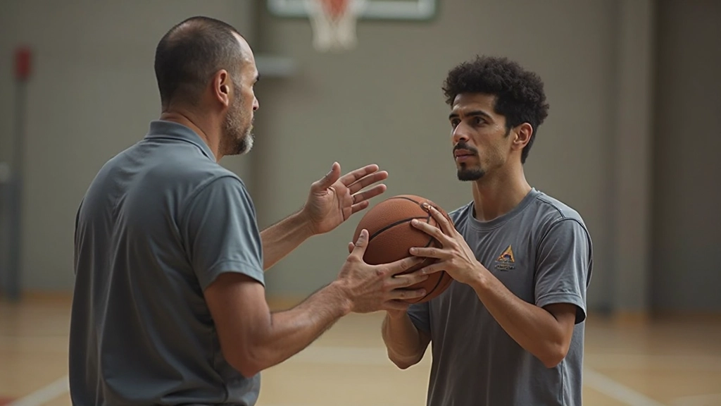Professional basketball coach demonstrating shooting technique to player on court