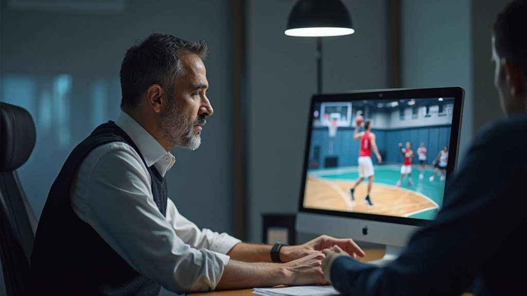 Basketball coach reviewing game footage and strategy analysis with team