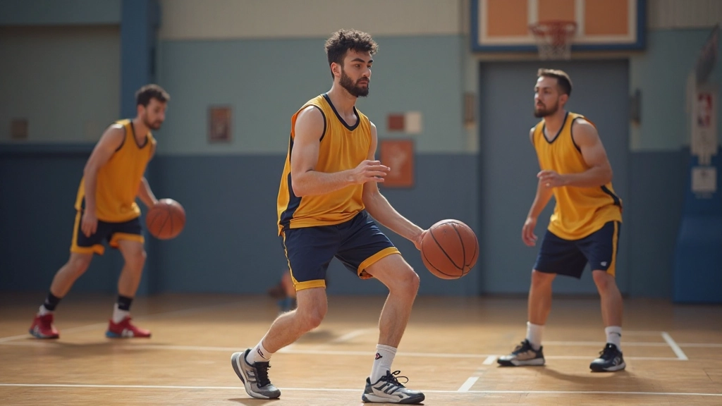 Basketball players practicing defensive positioning and stance during team practice